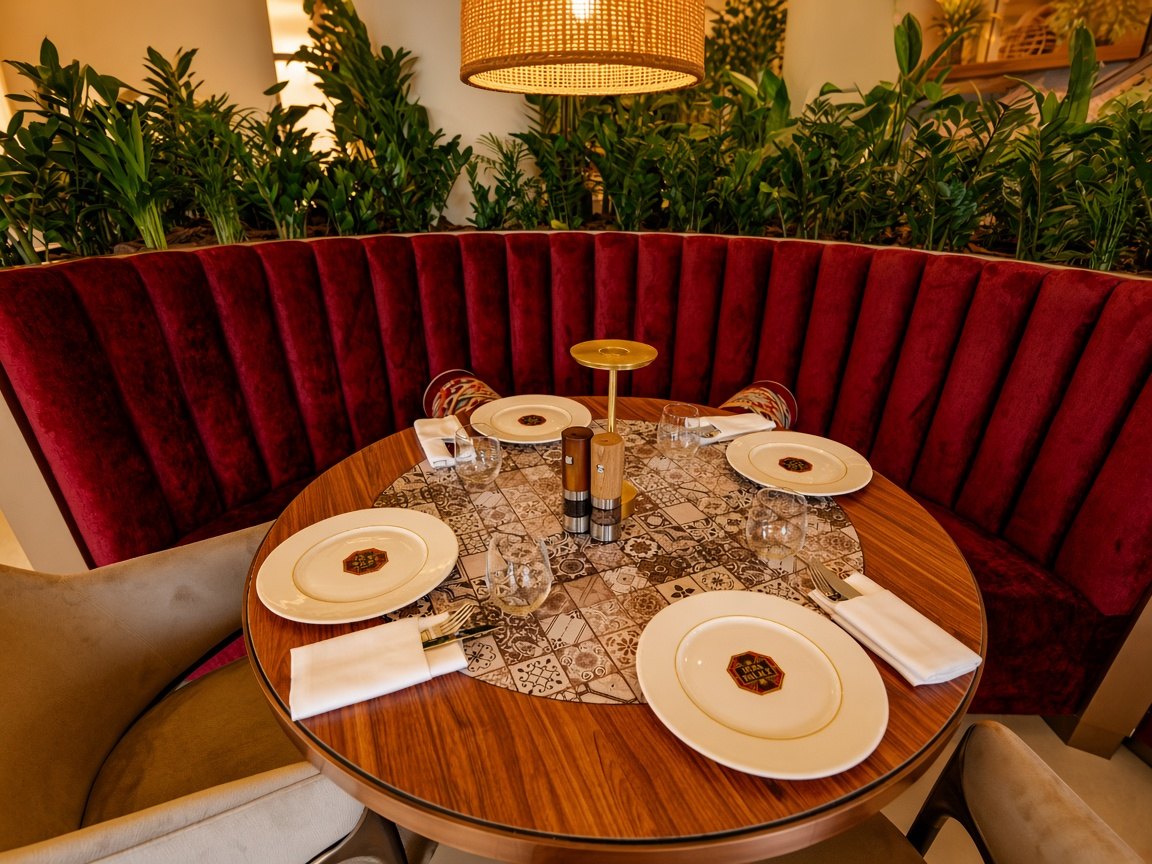 A curved red velvet booth set for six