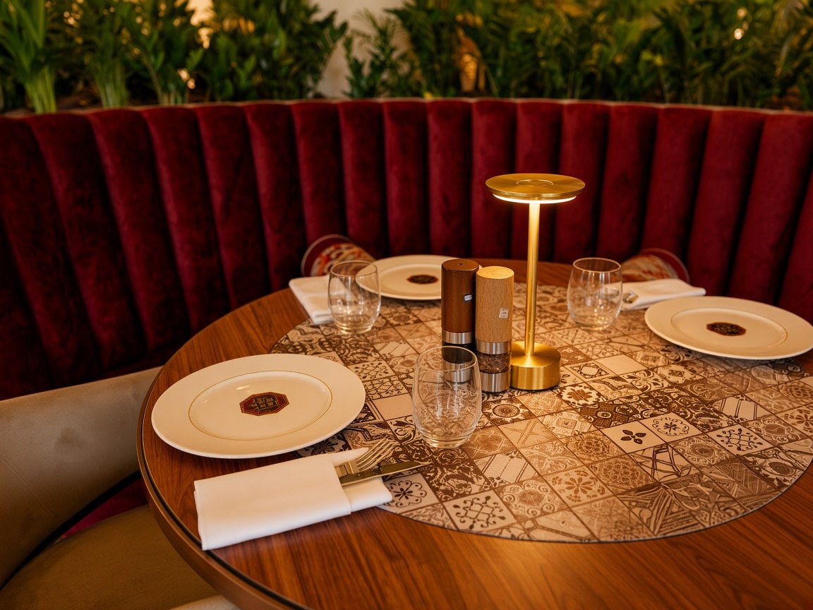 A round walnut table with tile inlay, set for dinner