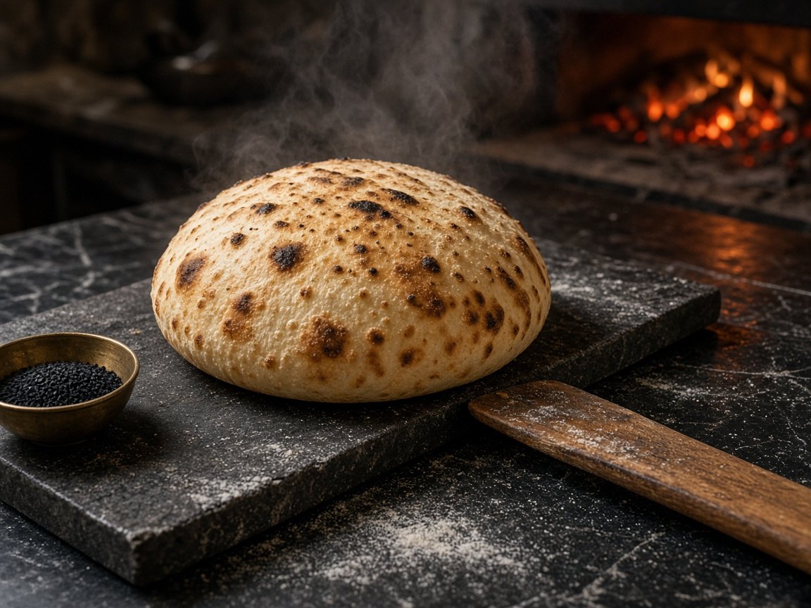 Lavaş bread puffed up on the hot stone