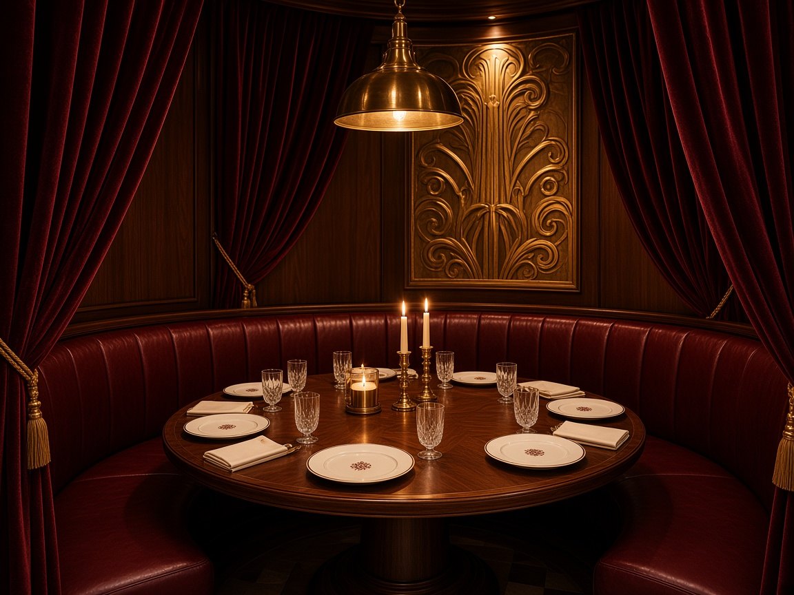 The Curtain Room with its leather banquette, set for eight