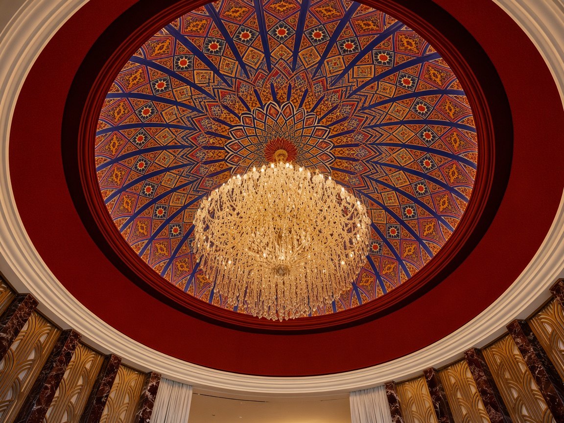 The hand-painted dome and chandelier of the Dome Room